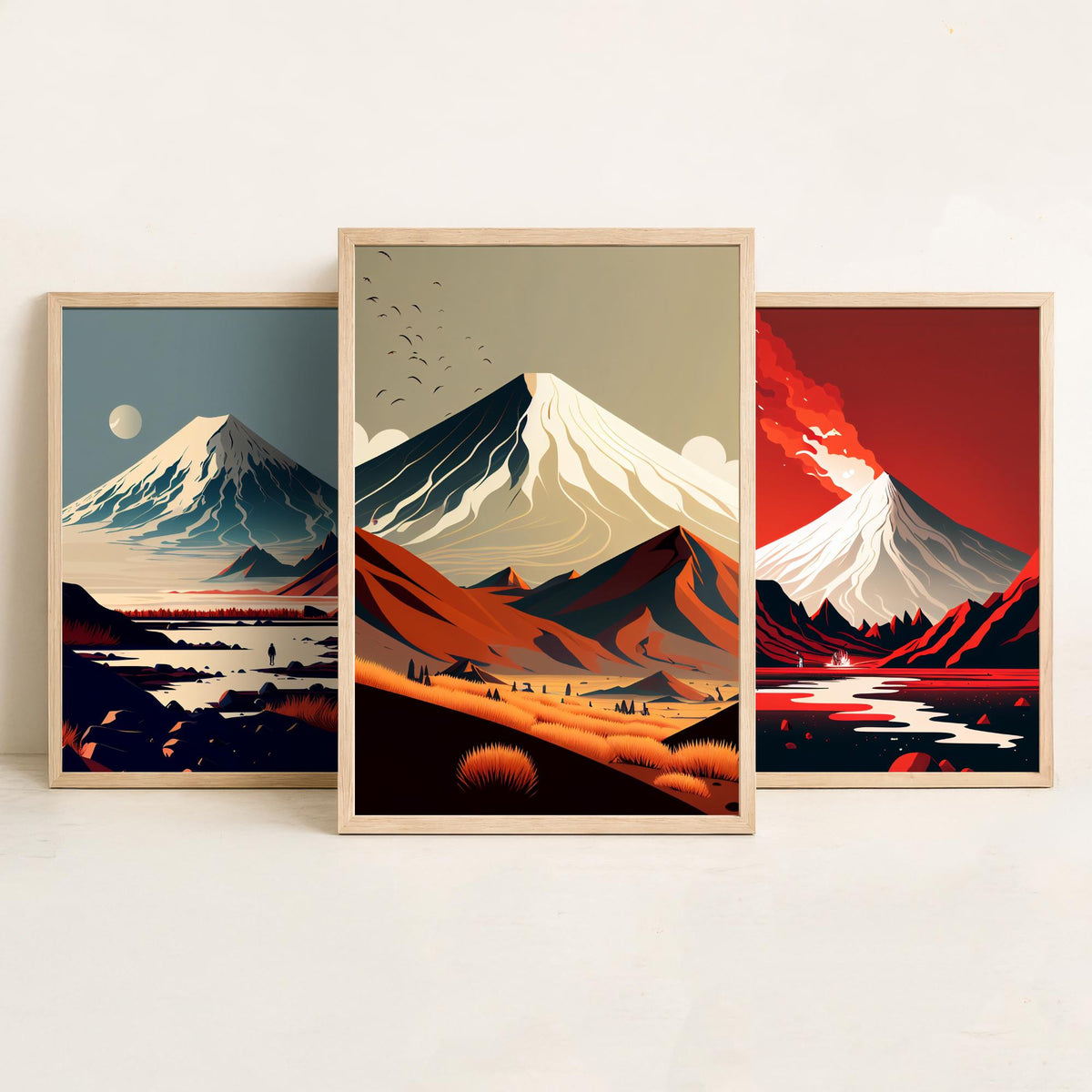 Volcano Mountains Set of Three Art Prints - Snowy Peaks in Flat Retro Colour - Minimalist Travel Poster Illustration