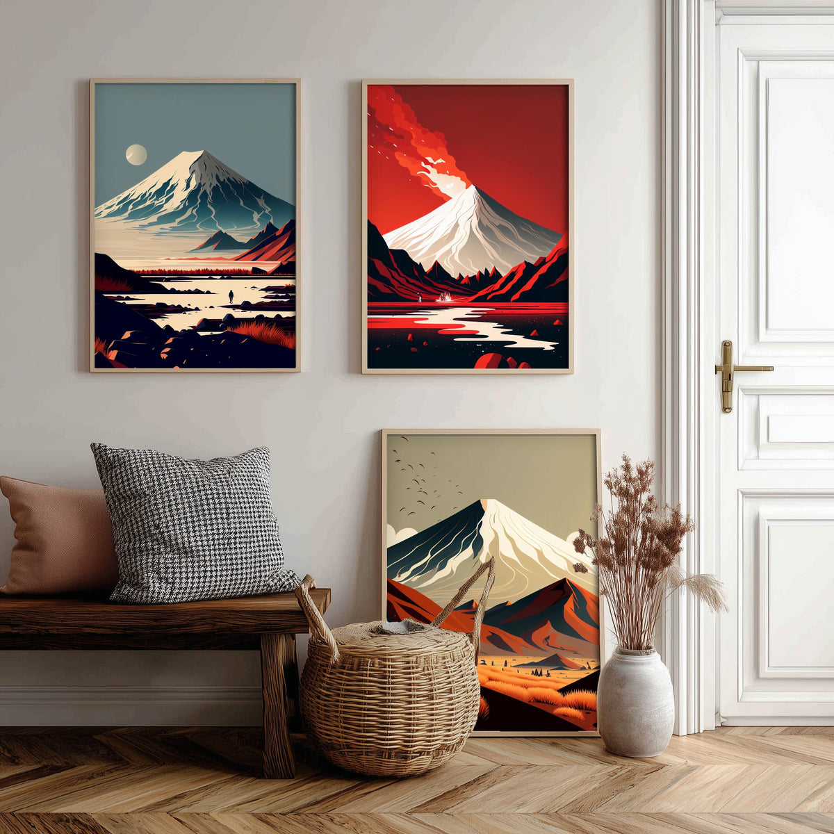 Volcano Mountains Set of Three Art Prints - Snowy Peaks in Flat Retro Colour - Minimalist Travel Poster Illustration