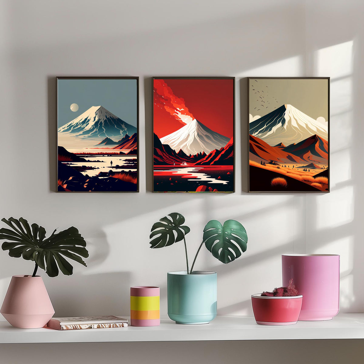 Volcano Mountains Set of Three Art Prints - Snowy Peaks in Flat Retro Colour - Minimalist Travel Poster Illustration