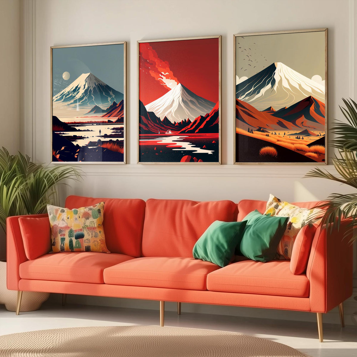 Volcano Mountains Set of Three Art Prints - Snowy Peaks in Flat Retro Colour - Minimalist Travel Poster Illustration
