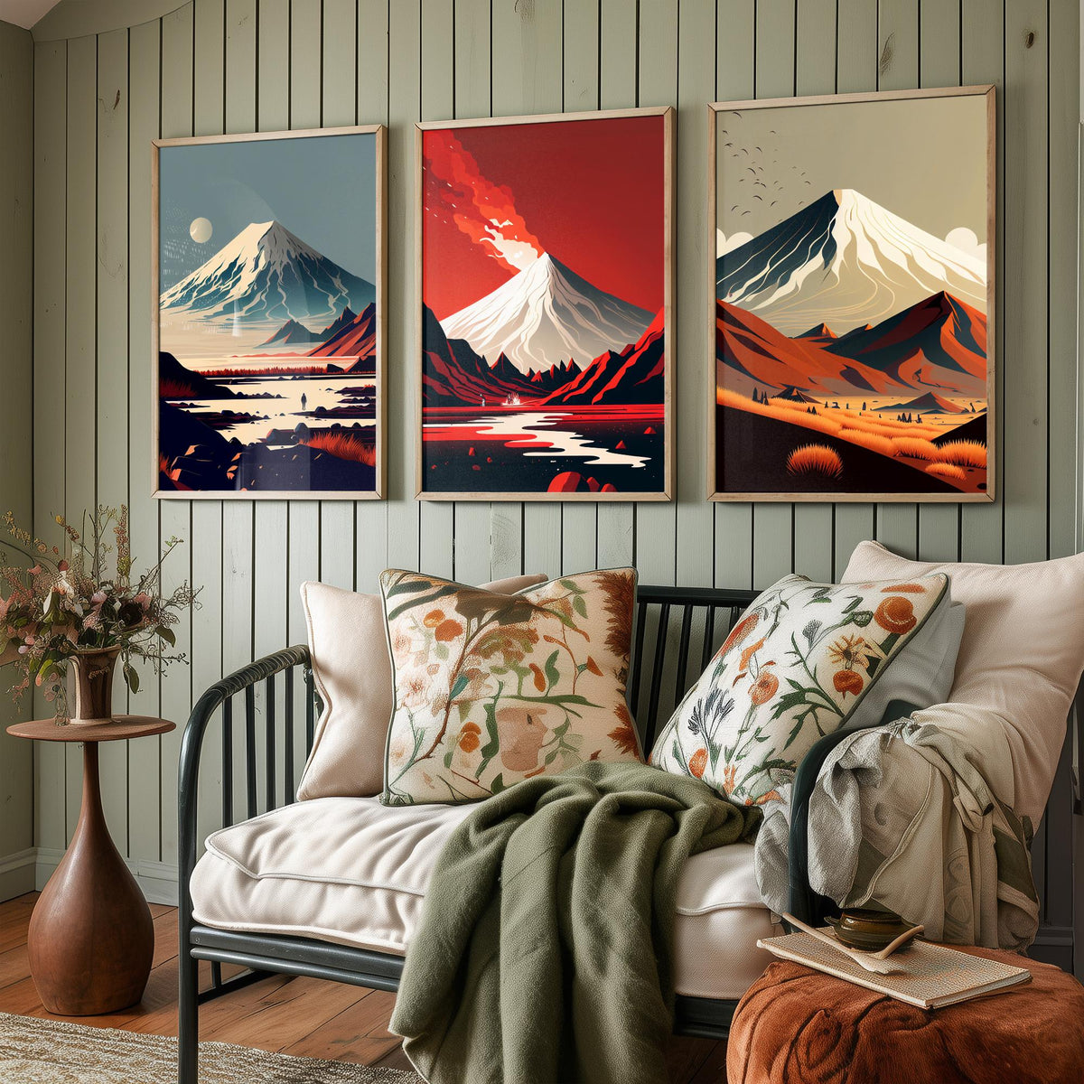 Volcano Mountains Set of Three Art Prints - Snowy Peaks in Flat Retro Colour - Minimalist Travel Poster Illustration