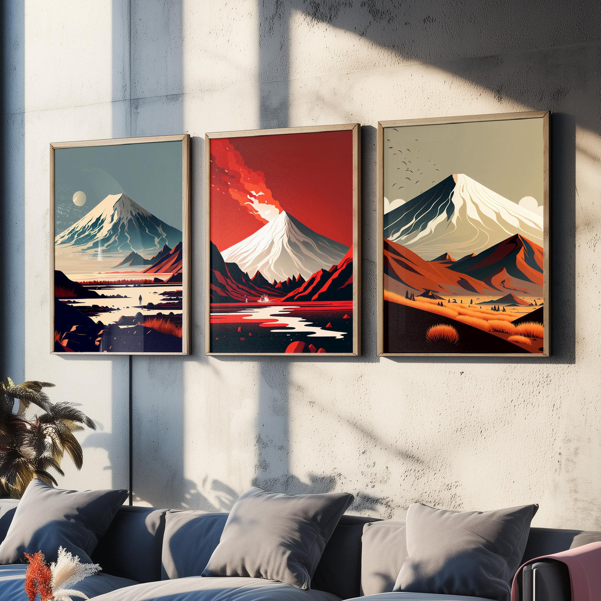 Volcano Mountains Set of Three Art Prints - Snowy Peaks in Flat Retro Colour - Minimalist Travel Poster Illustration