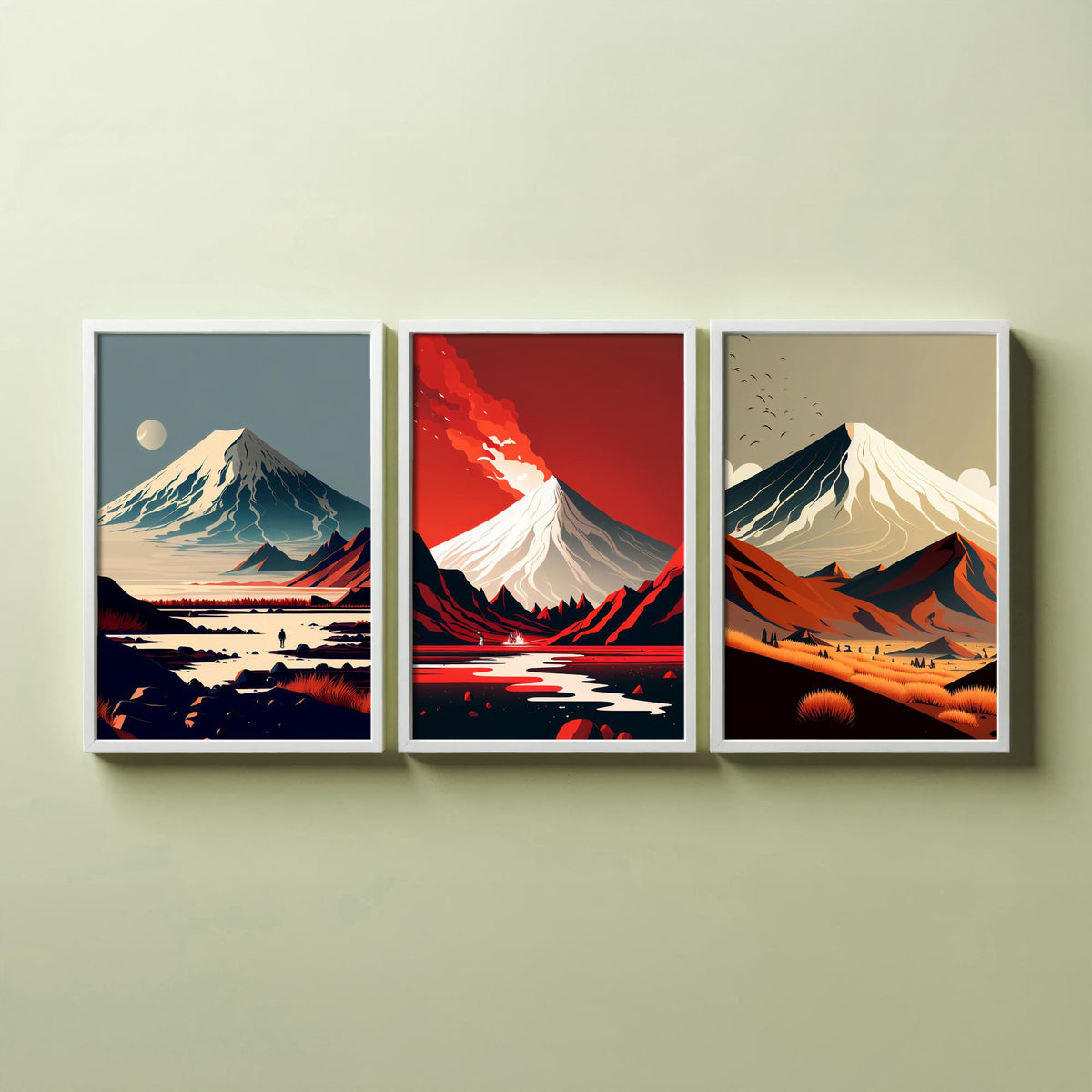 Volcano Mountains Set of Three Art Prints - Snowy Peaks in Flat Retro Colour - Minimalist Travel Poster Illustration