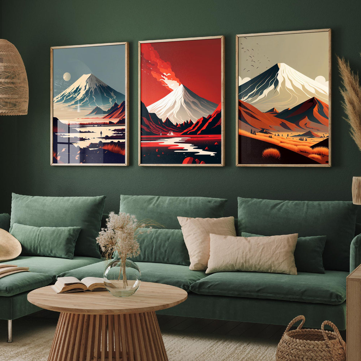Volcano Mountains Set of Three Art Prints - Snowy Peaks in Flat Retro Colour - Minimalist Travel Poster Illustration