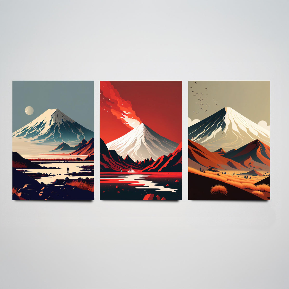 Volcano Mountains Set of Three Art Prints - Snowy Peaks in Flat Retro Colour - Minimalist Travel Poster Illustration