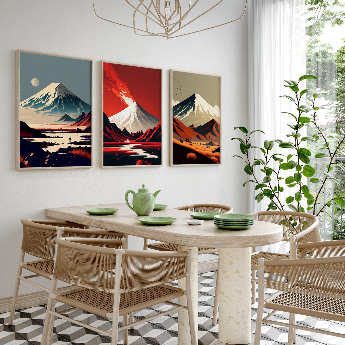 Volcano Mountains Set of Three Art Prints - Snowy Peaks in Flat Retro Colour - Minimalist Travel Poster Illustration