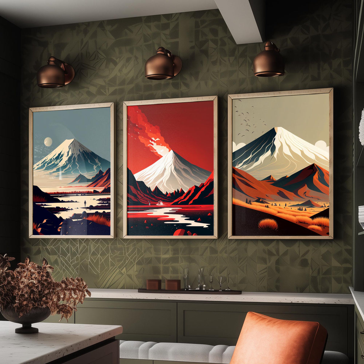 Volcano Mountains Set of Three Art Prints - Snowy Peaks in Flat Retro Colour - Minimalist Travel Poster Illustration