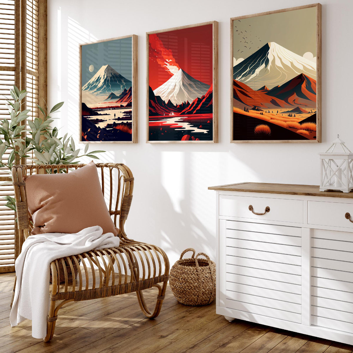 Volcano Mountains Set of Three Art Prints - Snowy Peaks in Flat Retro Colour - Minimalist Travel Poster Illustration