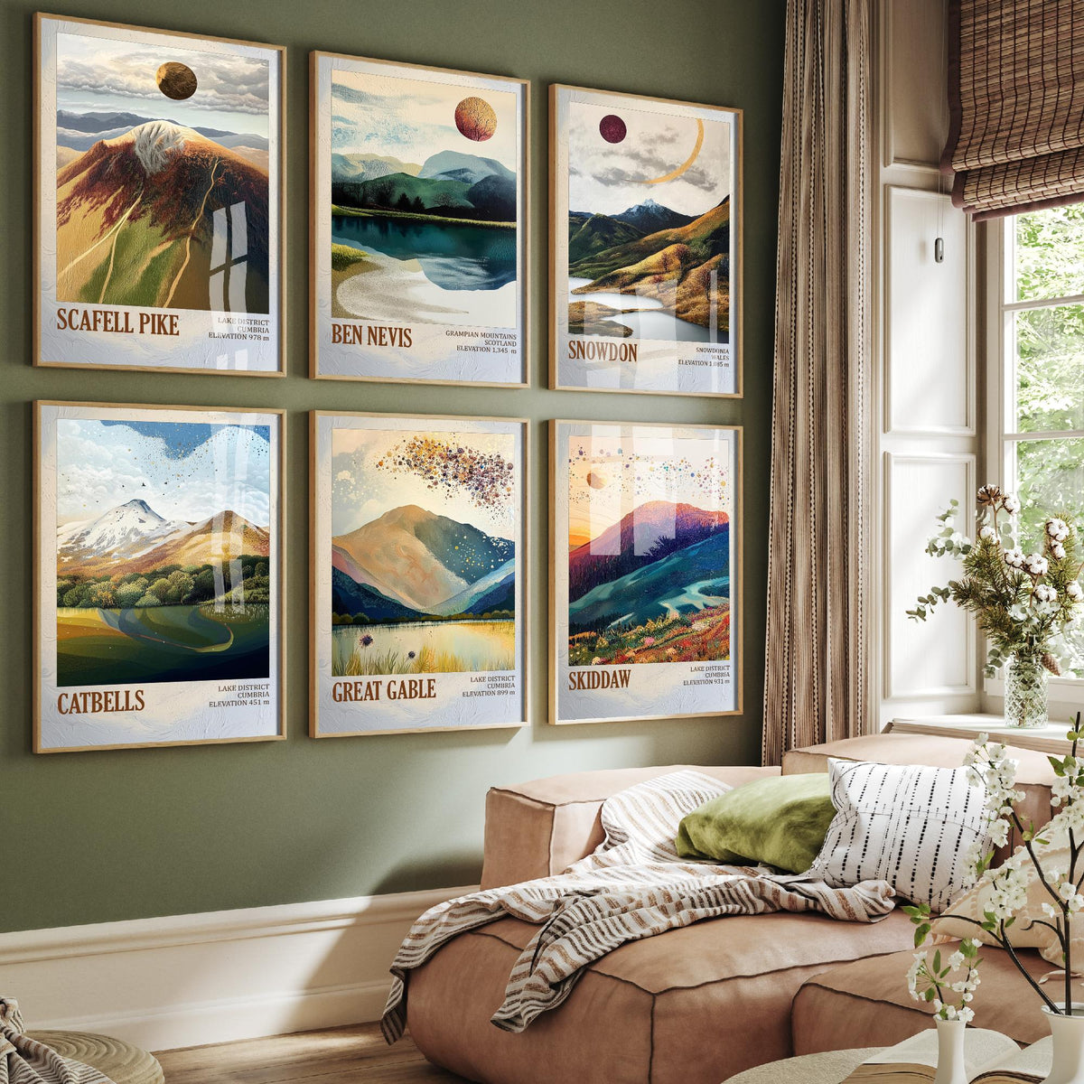 Set of Six UK Mountain Art Prints - 6 Layers of Foil Posters - Scafell Pike, Ben Nevis, Snowdon, Catbells, Great Gable, Skiddaw Painting