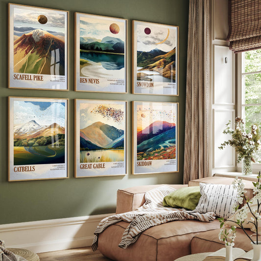 Set of Six UK Mountain Art Prints - 6 Layers of Foil Posters - Scafell Pike, Ben Nevis, Snowdon, Catbells, Great Gable, Skiddaw Painting