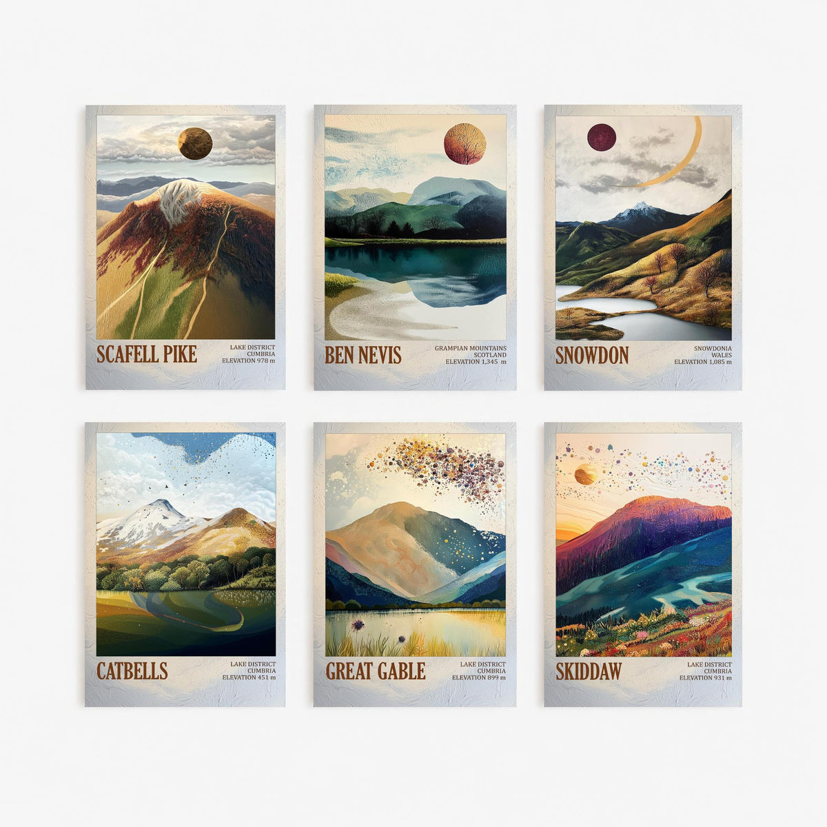 Set of Six UK Mountain Art Prints - 6 Layers of Foil Posters - Scafell Pike, Ben Nevis, Snowdon, Catbells, Great Gable, Skiddaw Painting