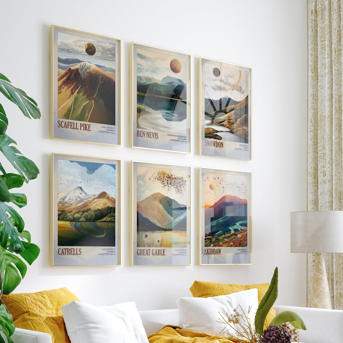 Set of Six UK Mountain Art Prints - 6 Layers of Foil Posters - Scafell Pike, Ben Nevis, Snowdon, Catbells, Great Gable, Skiddaw Painting