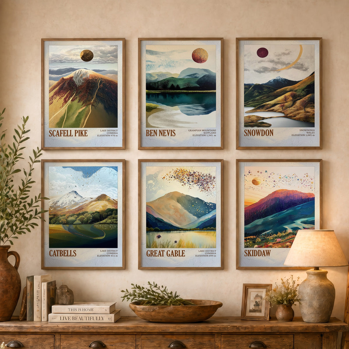 Set of Six UK Mountain Art Prints - 6 Layers of Foil Posters - Scafell Pike, Ben Nevis, Snowdon, Catbells, Great Gable, Skiddaw Painting