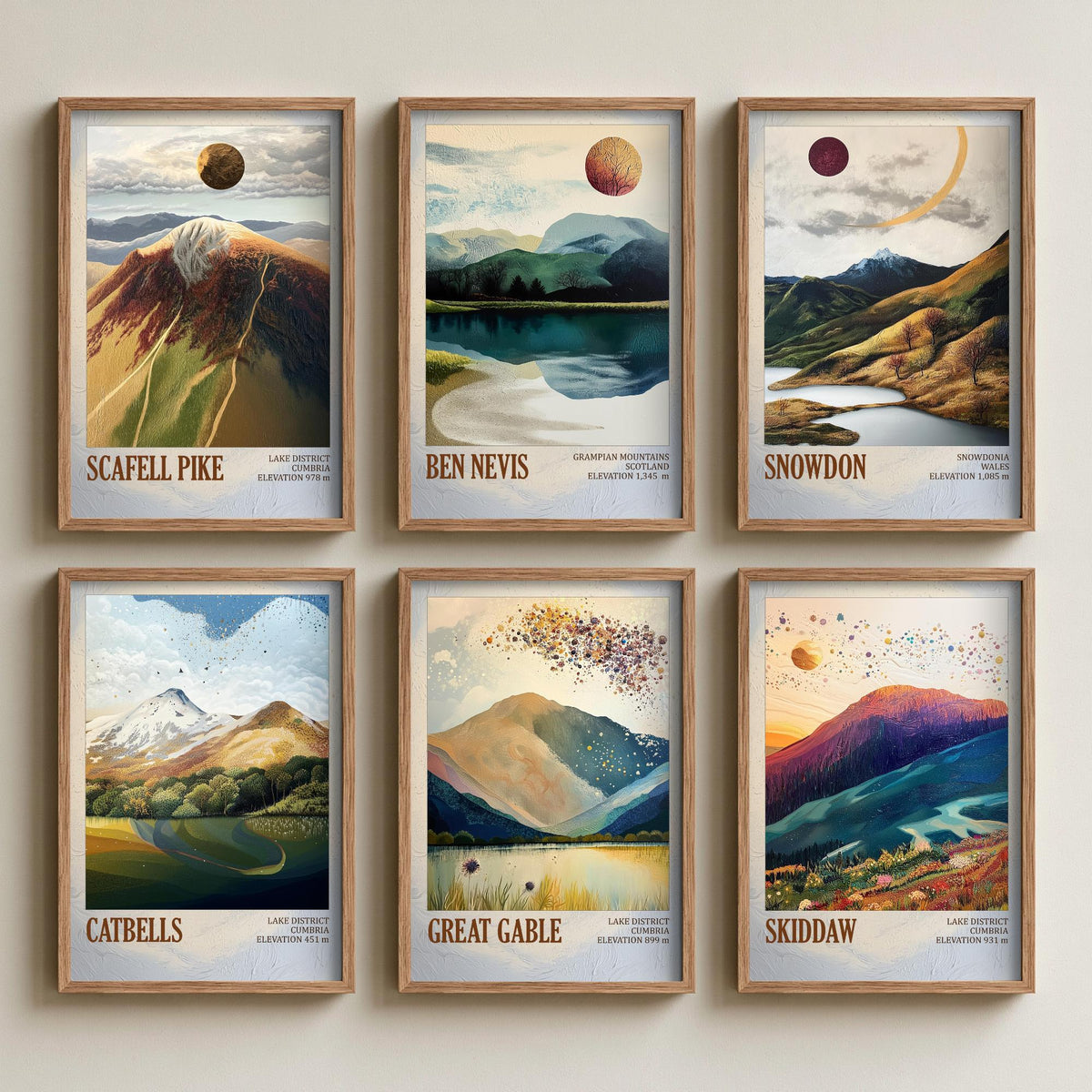 Set of Six UK Mountain Art Prints - 6 Layers of Foil Posters - Scafell Pike, Ben Nevis, Snowdon, Catbells, Great Gable, Skiddaw Painting