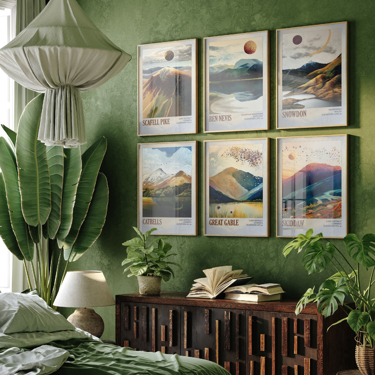 Set of Six UK Mountain Art Prints - 6 Layers of Foil Posters - Scafell Pike, Ben Nevis, Snowdon, Catbells, Great Gable, Skiddaw Painting