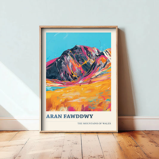 Aran Fawddwy Travel Poster - Mountains of Wales Art Print - Vibrant Pink Orange Peak Illustration - Snowdonia Eryri Wall Decor