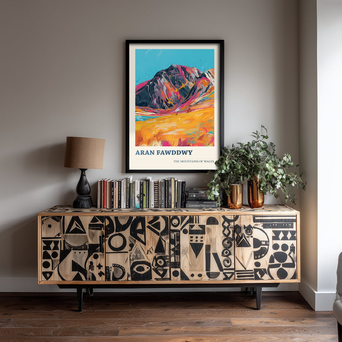 Aran Fawddwy Travel Poster - Mountains of Wales Art Print - Vibrant Pink Orange Peak Illustration - Snowdonia Eryri Wall Decor