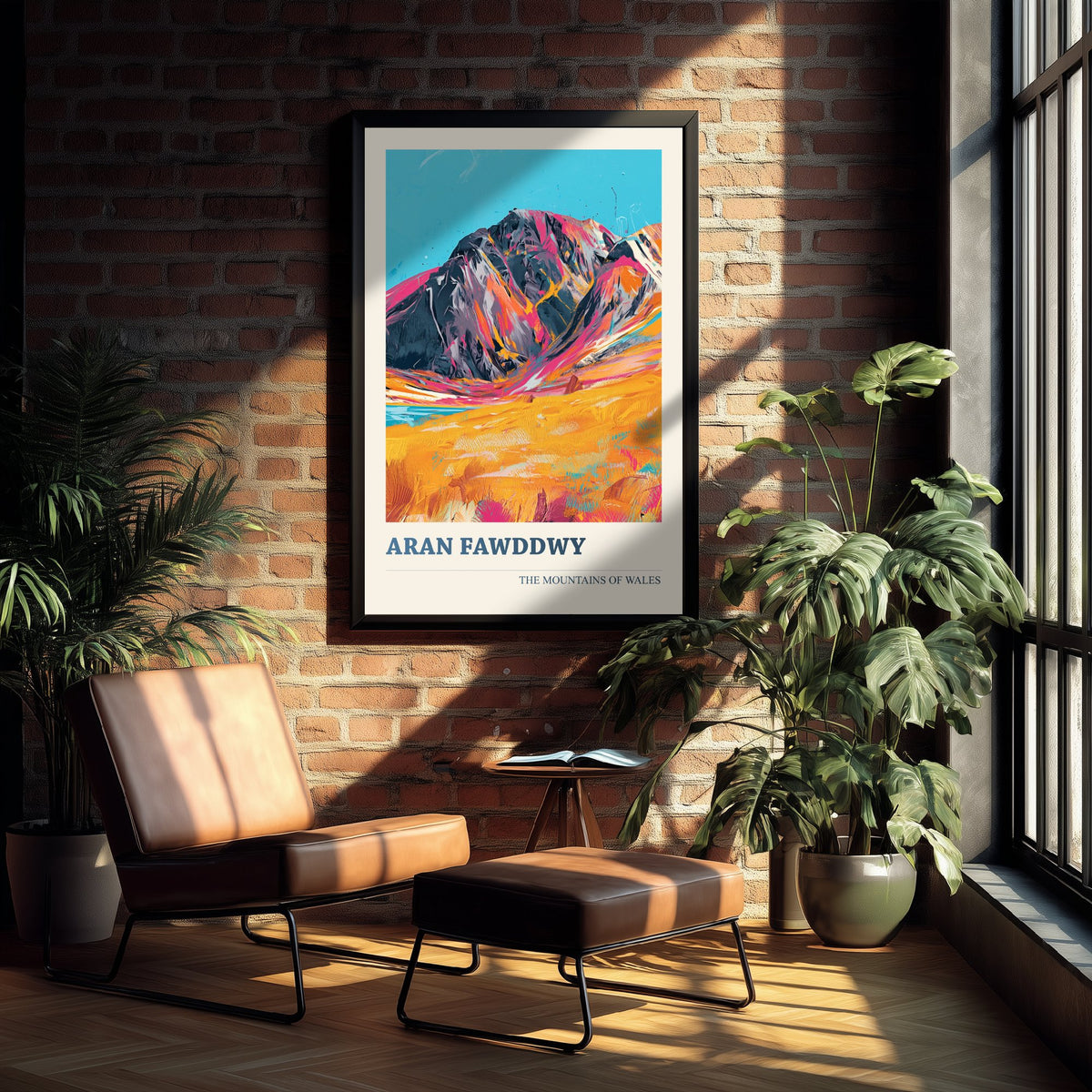 Aran Fawddwy Travel Poster - Mountains of Wales Art Print - Vibrant Pink Orange Peak Illustration - Snowdonia Eryri Wall Decor