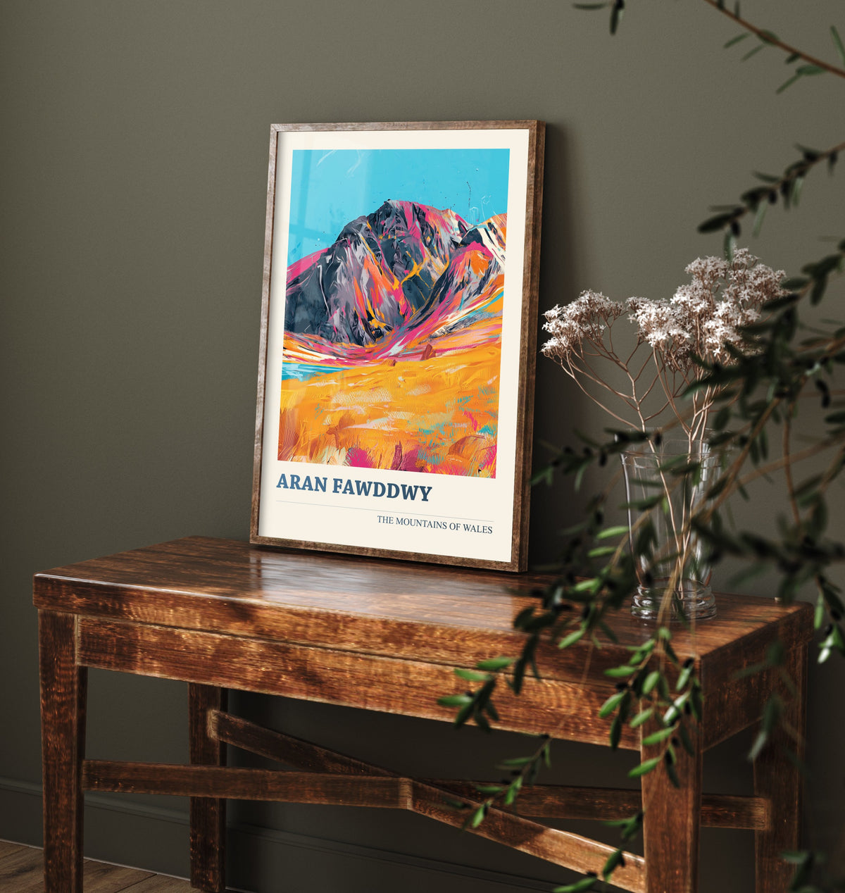 Aran Fawddwy Travel Poster - Mountains of Wales Art Print - Vibrant Pink Orange Peak Illustration - Snowdonia Eryri Wall Decor