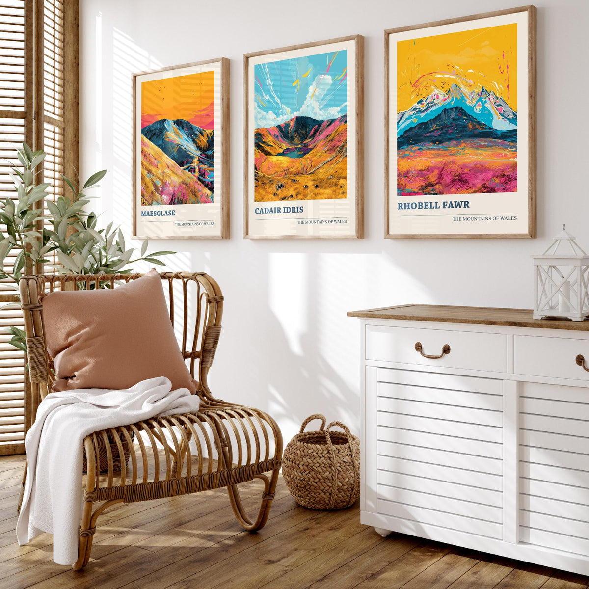 Set of Three Mountains of Wales Posters V1 - Maesglase, Cadair Idris, Rhobell Fawr - 3 Welsh Peaks Art Prints Painting Illustration