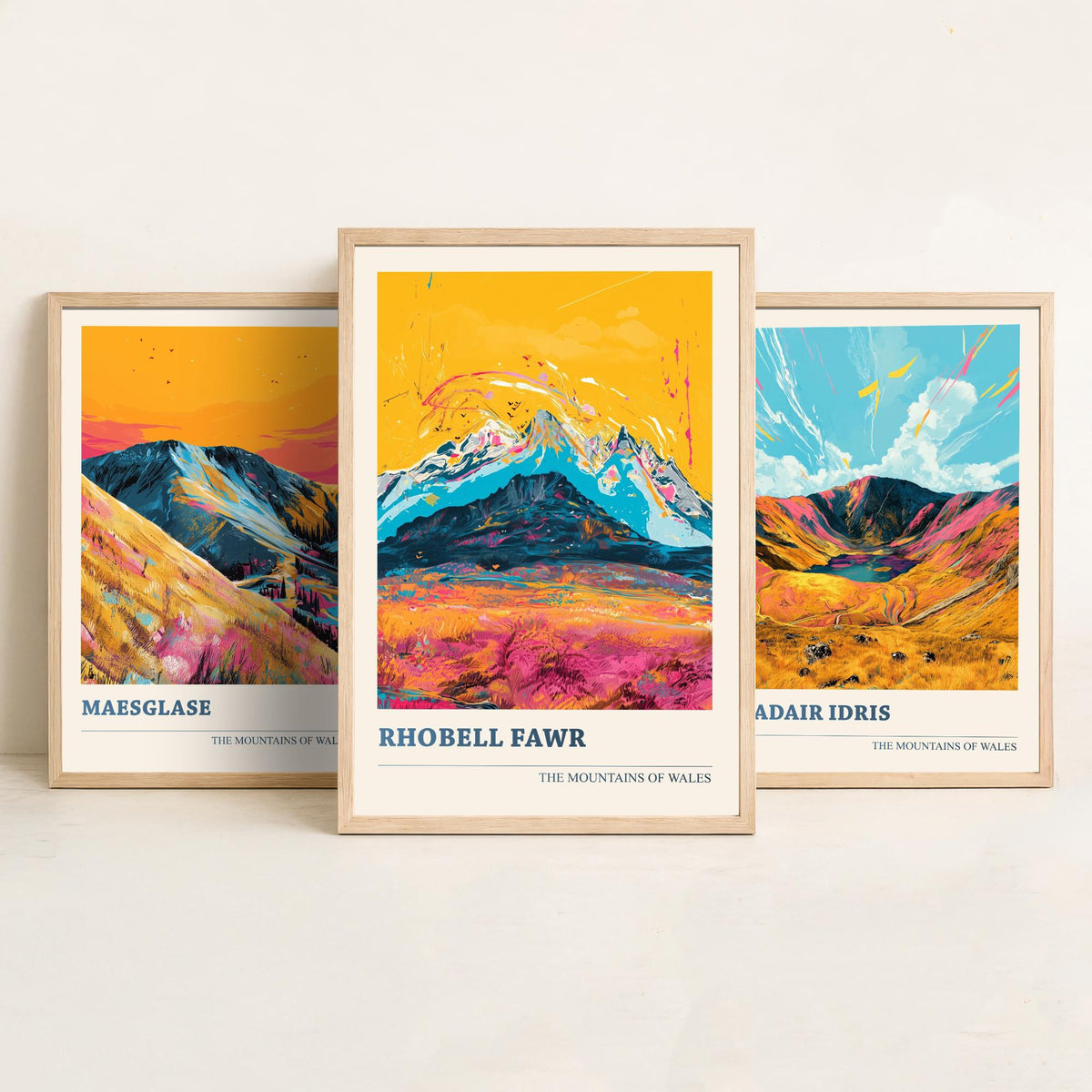 Set of Three Mountains of Wales Posters V1 - Maesglase, Cadair Idris, Rhobell Fawr - 3 Welsh Peaks Art Prints Painting Illustration