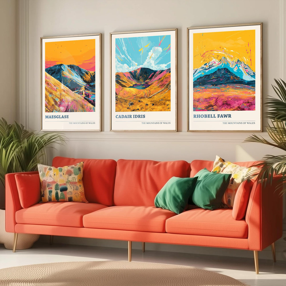 Set of Three Mountains of Wales Posters V1 - Maesglase, Cadair Idris, Rhobell Fawr - 3 Welsh Peaks Art Prints Painting Illustration