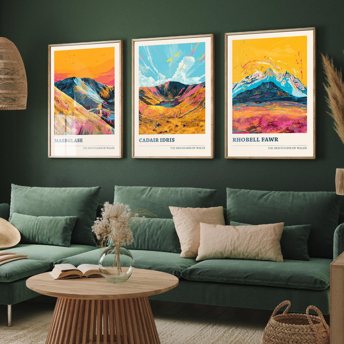 Set of Three Mountains of Wales Posters V1 - Maesglase, Cadair Idris, Rhobell Fawr - 3 Welsh Peaks Art Prints Painting Illustration