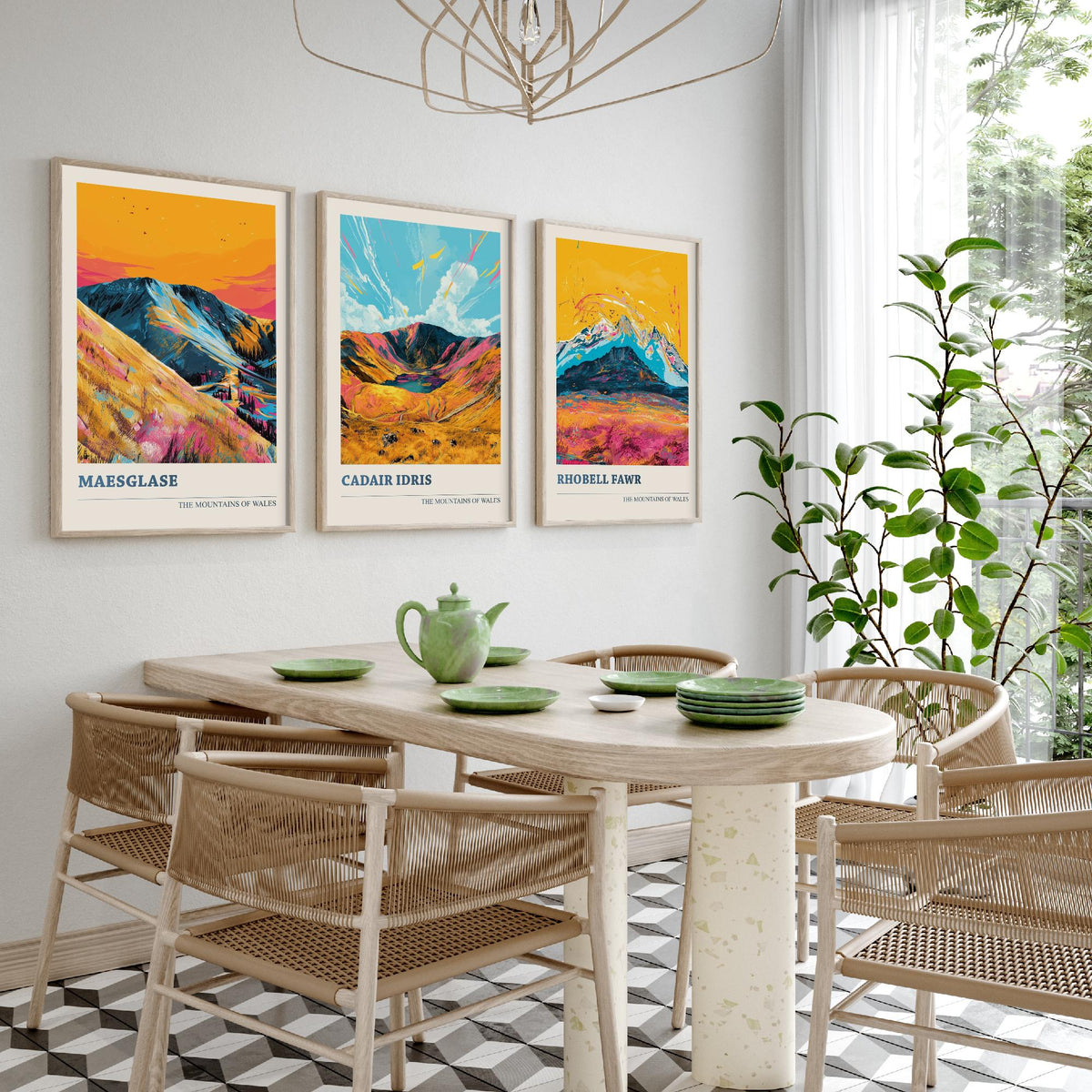 Set of Three Mountains of Wales Posters V1 - Maesglase, Cadair Idris, Rhobell Fawr - 3 Welsh Peaks Art Prints Painting Illustration