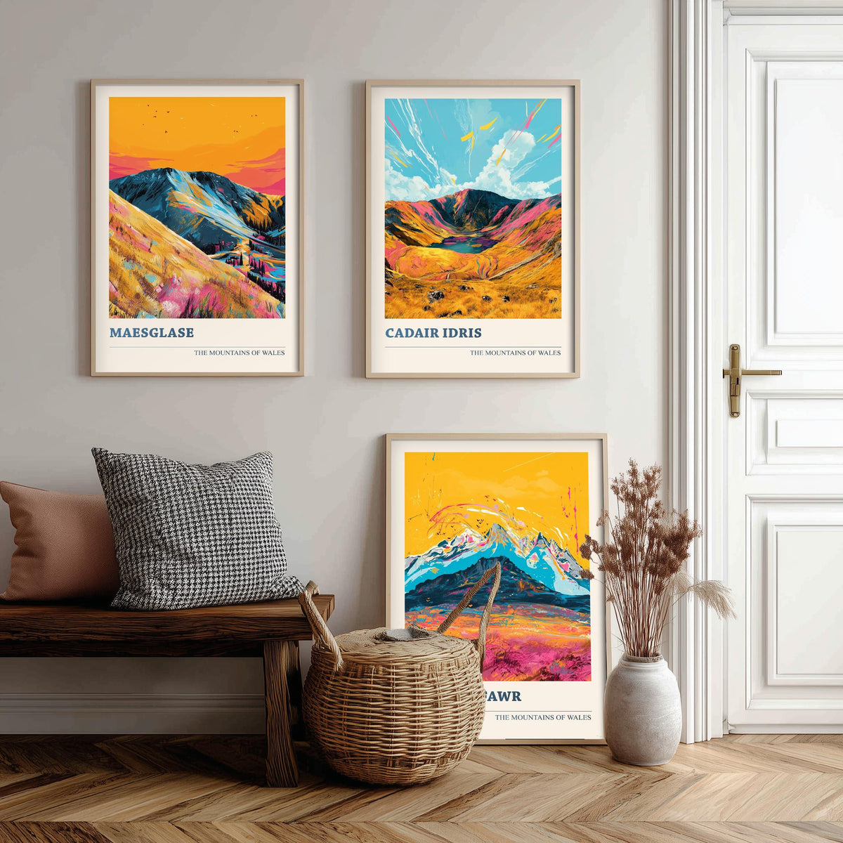 Set of Three Mountains of Wales Posters V1 - Maesglase, Cadair Idris, Rhobell Fawr - 3 Welsh Peaks Art Prints Painting Illustration
