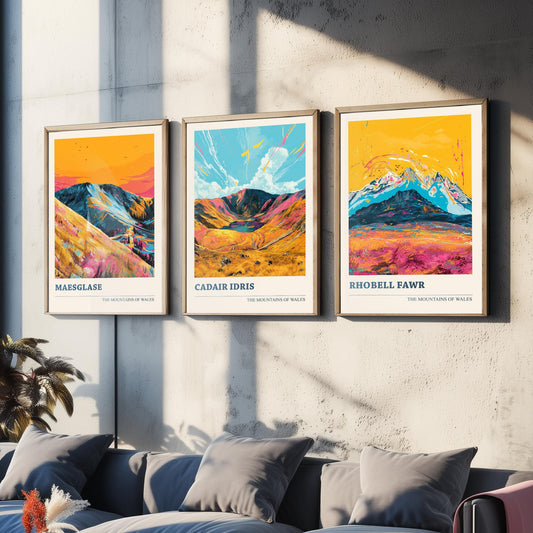 Set of Three Mountains of Wales Posters V1 - Maesglase, Cadair Idris, Rhobell Fawr - 3 Welsh Peaks Art Prints Painting Illustration