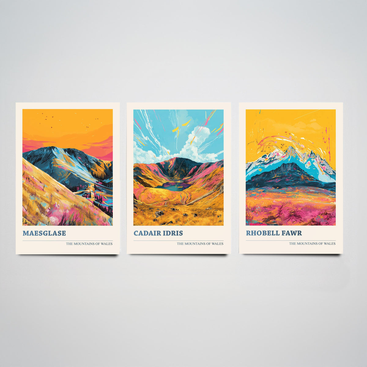 Set of Three Mountains of Wales Posters V1 - Maesglase, Cadair Idris, Rhobell Fawr - 3 Welsh Peaks Art Prints Painting Illustration