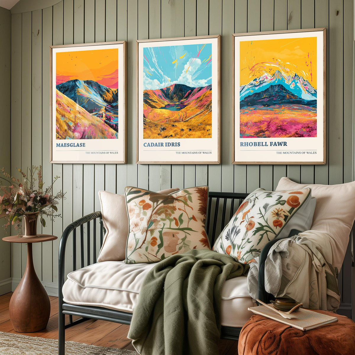 Set of Three Mountains of Wales Posters V1 - Maesglase, Cadair Idris, Rhobell Fawr - 3 Welsh Peaks Art Prints Painting Illustration