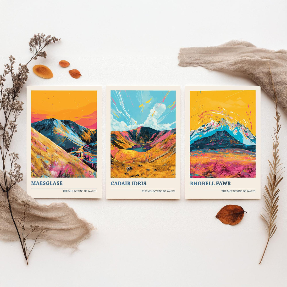 Set of Three Mountains of Wales Posters V1 - Maesglase, Cadair Idris, Rhobell Fawr - 3 Welsh Peaks Art Prints Painting Illustration