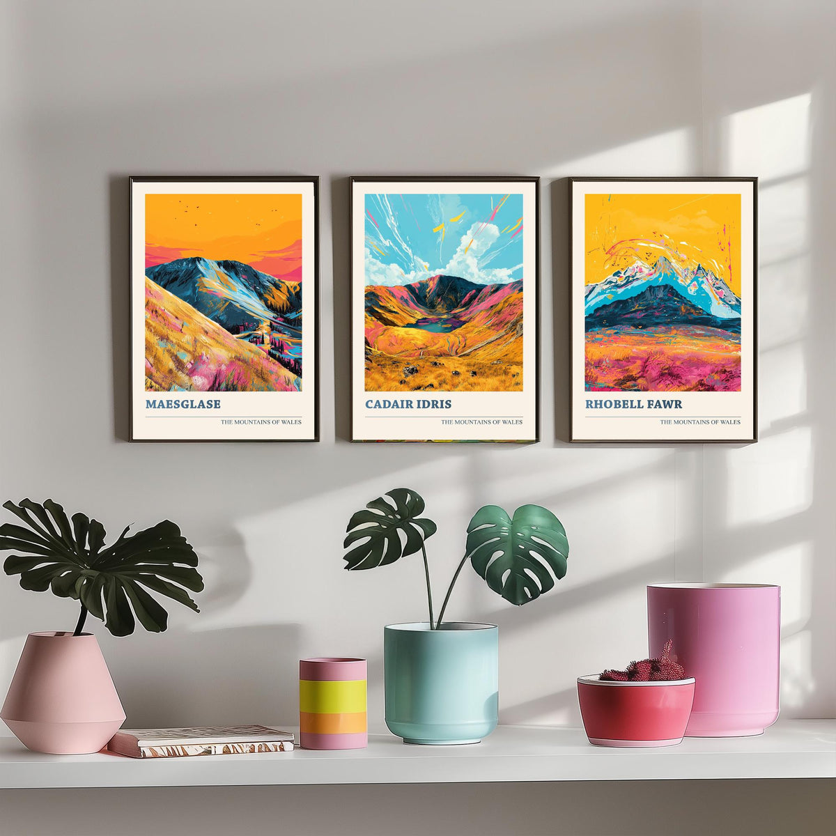 Set of Three Mountains of Wales Posters V1 - Maesglase, Cadair Idris, Rhobell Fawr - 3 Welsh Peaks Art Prints Painting Illustration