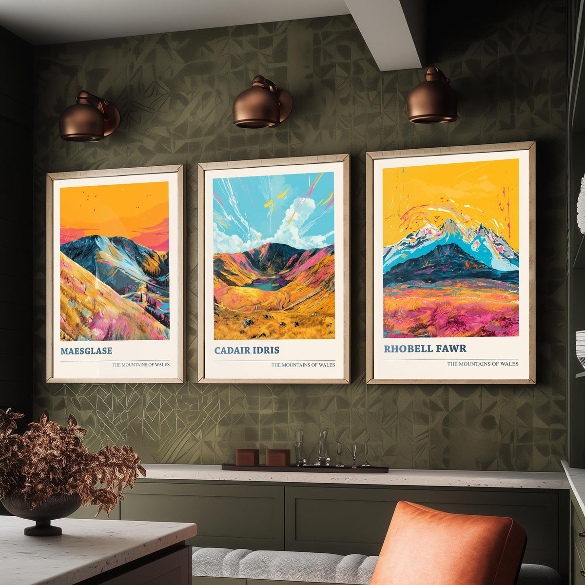 Set of Three Mountains of Wales Posters V1 - Maesglase, Cadair Idris, Rhobell Fawr - 3 Welsh Peaks Art Prints Painting Illustration