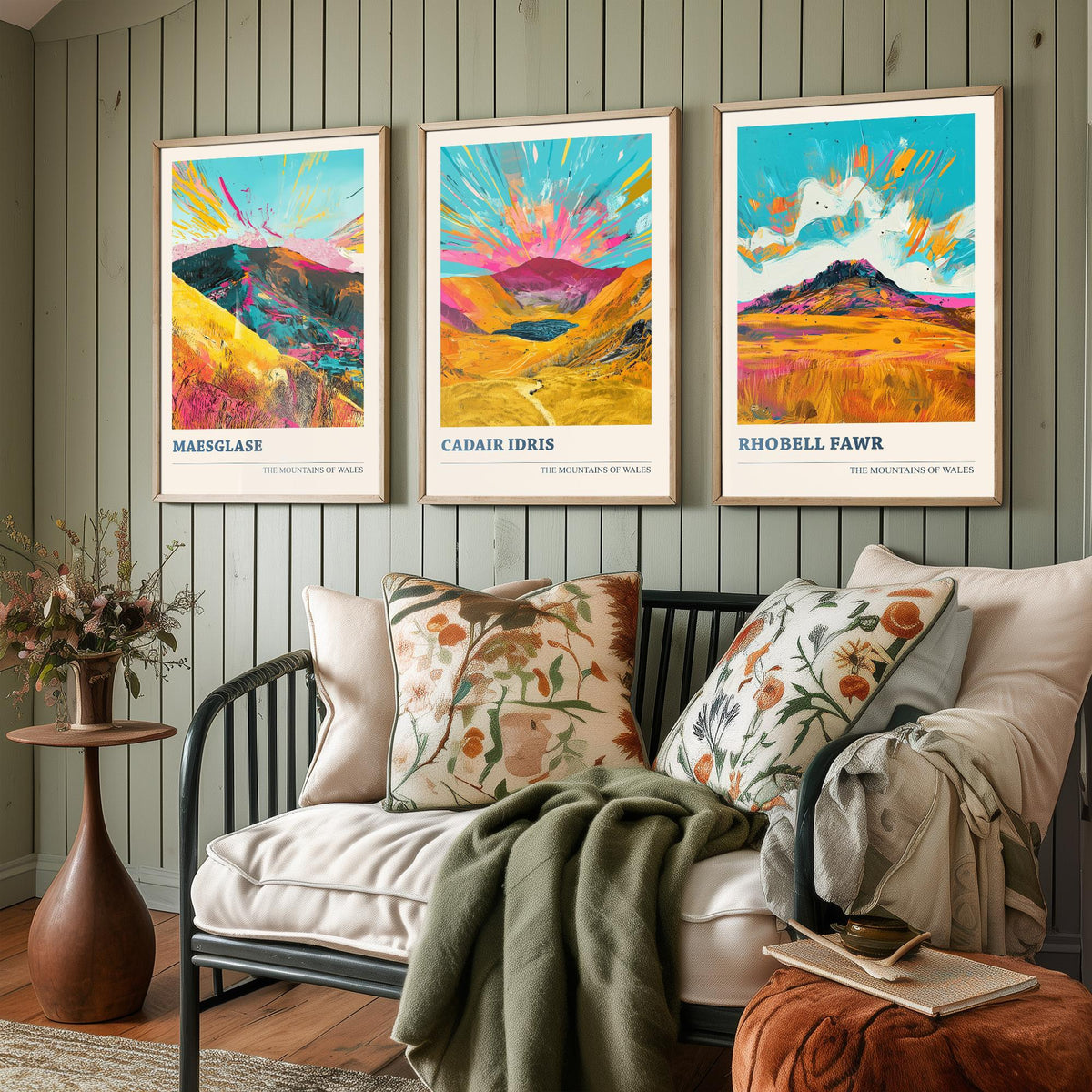 Set of Three Mountains of Wales Posters V2 - Maesglase, Cadair Idris, Rhobell Fawr - 3 Vibrant Welsh Peak Art Prints Painting Gift