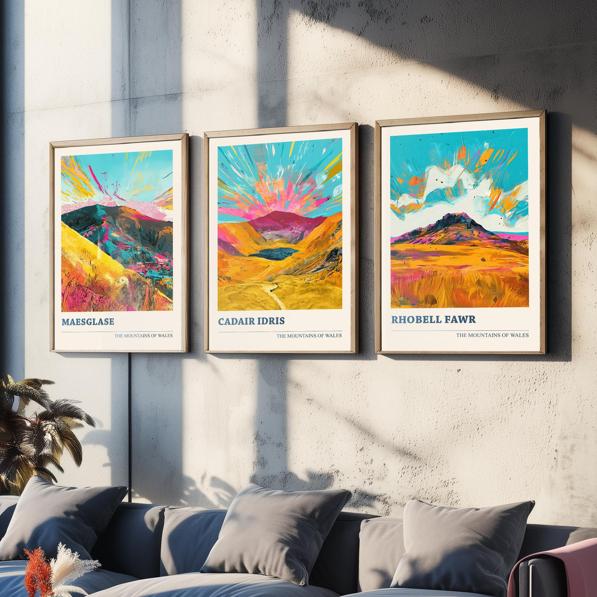 Set of Three Mountains of Wales Posters V2 - Maesglase, Cadair Idris, Rhobell Fawr - 3 Vibrant Welsh Peak Art Prints Painting Gift