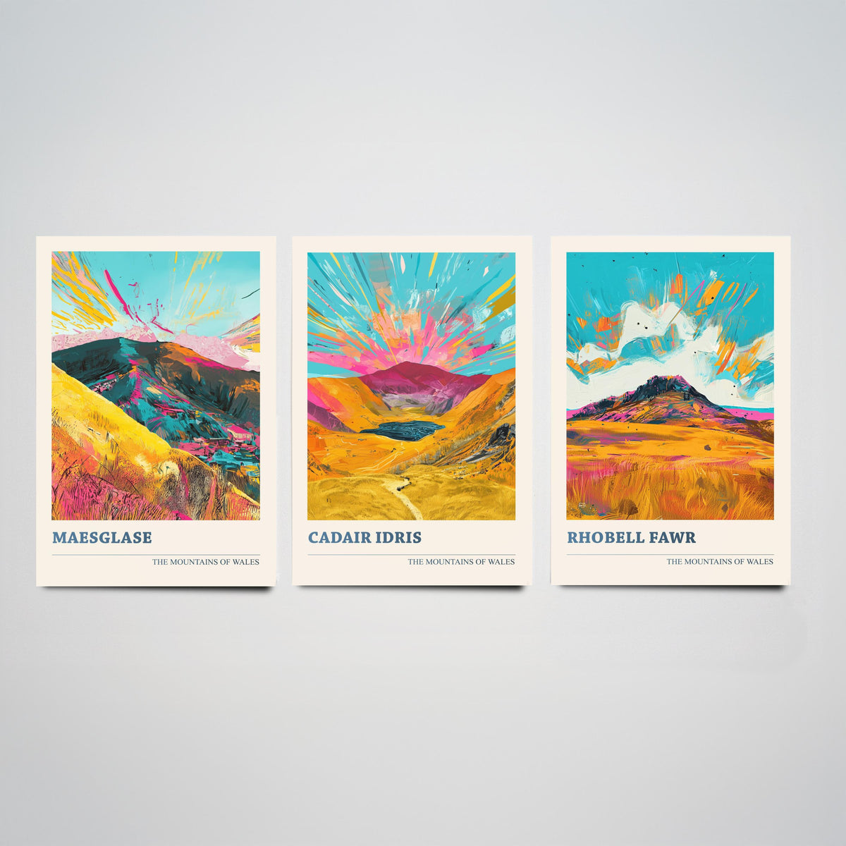 Set of Three Mountains of Wales Posters V2 - Maesglase, Cadair Idris, Rhobell Fawr - 3 Vibrant Welsh Peak Art Prints Painting Gift