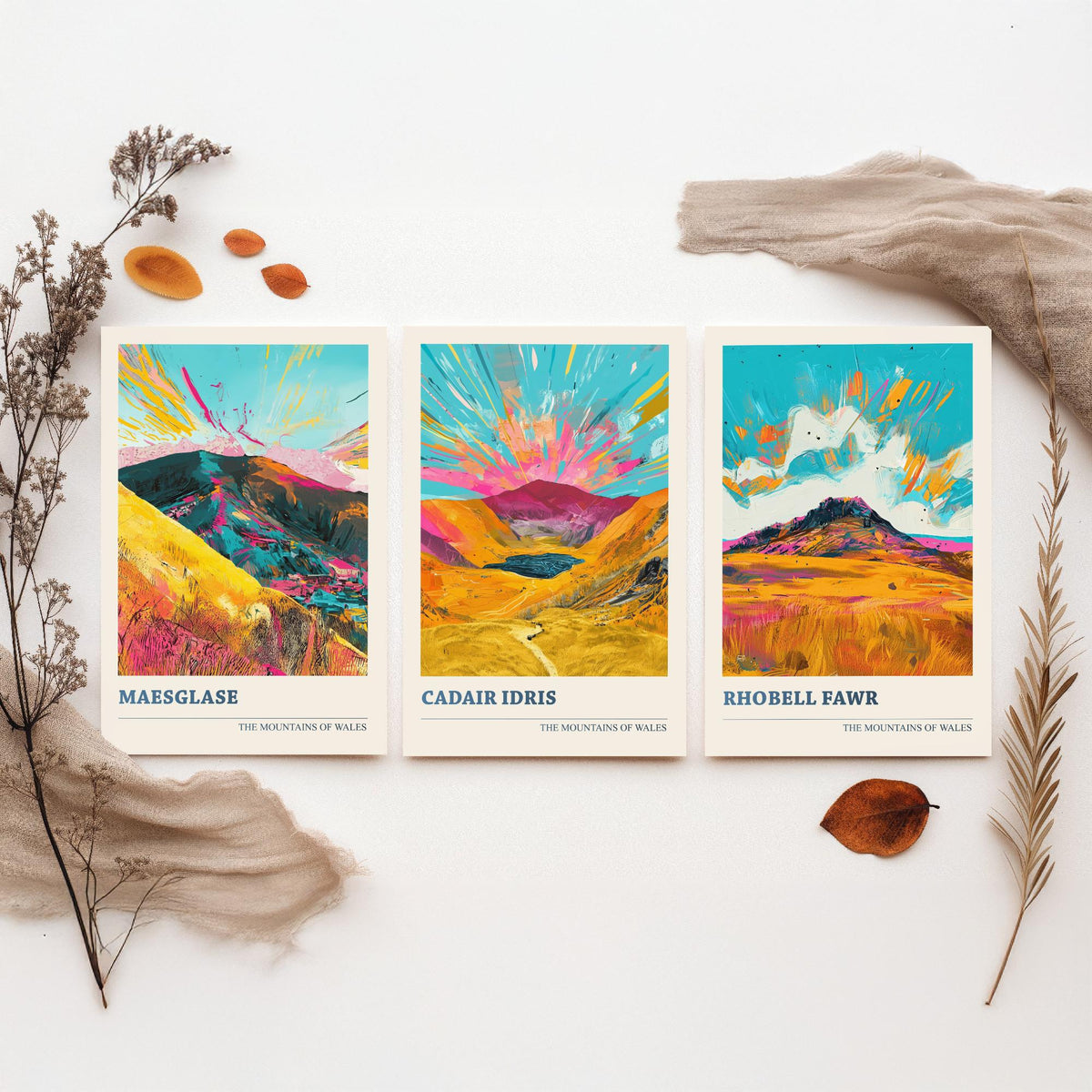 Set of Three Mountains of Wales Posters V2 - Maesglase, Cadair Idris, Rhobell Fawr - 3 Vibrant Welsh Peak Art Prints Painting Gift