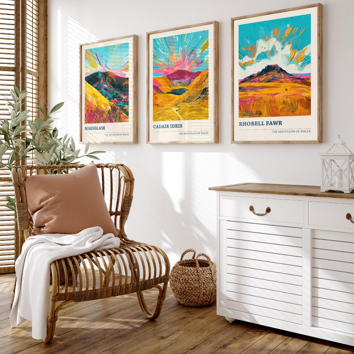 Set of Three Mountains of Wales Posters V2 - Maesglase, Cadair Idris, Rhobell Fawr - 3 Vibrant Welsh Peak Art Prints Painting Gift