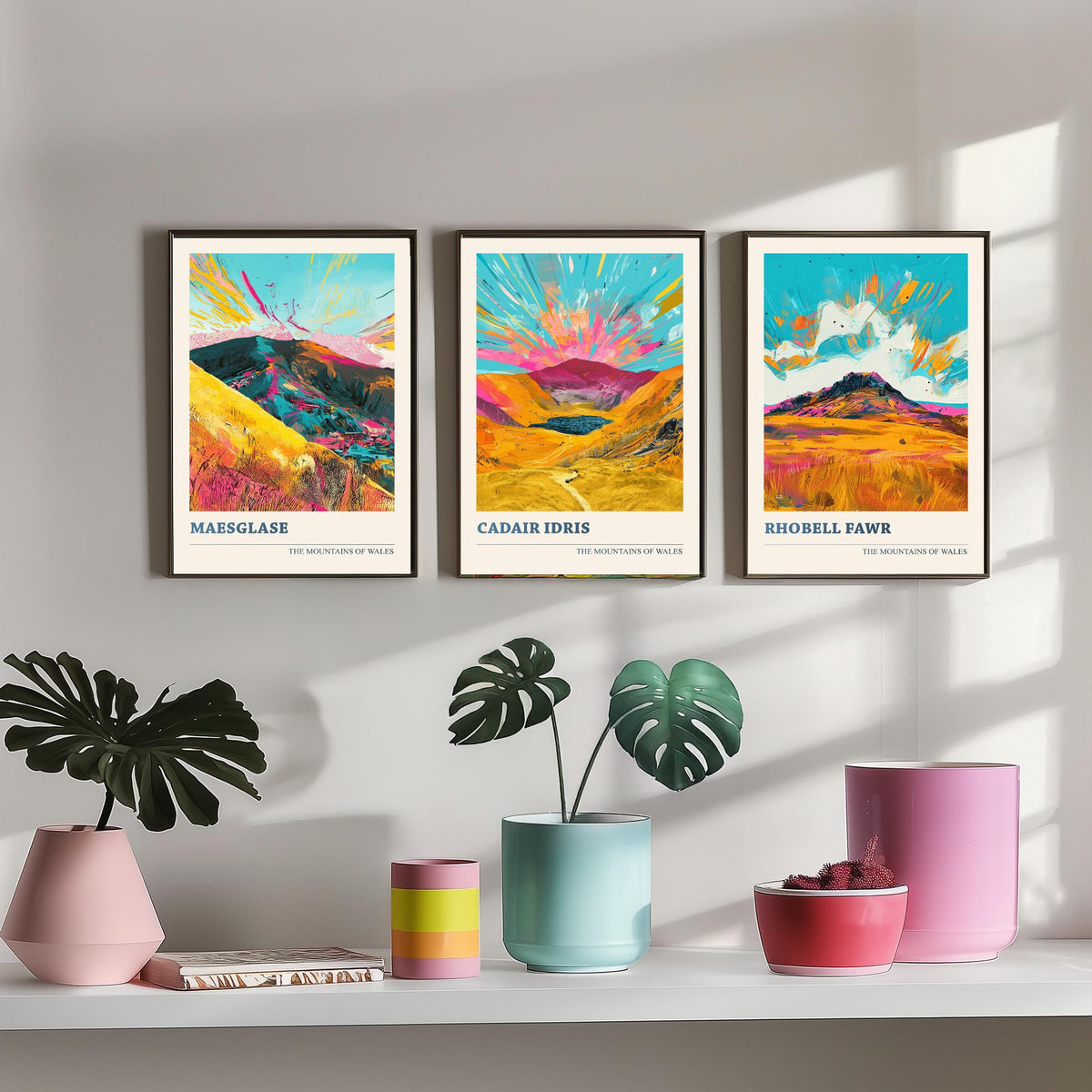 Set of Three Mountains of Wales Posters V2 - Maesglase, Cadair Idris, Rhobell Fawr - 3 Vibrant Welsh Peak Art Prints Painting Gift