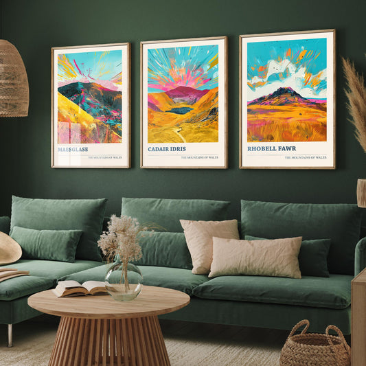 Set of Three Mountains of Wales Posters V2 - Maesglase, Cadair Idris, Rhobell Fawr - 3 Vibrant Welsh Peak Art Prints Painting Gift