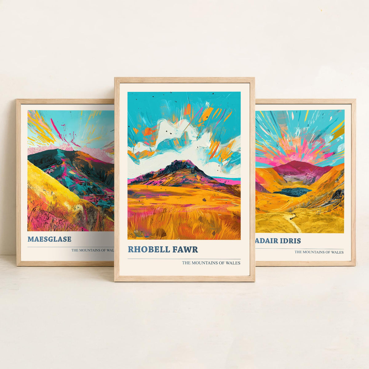 Set of Three Mountains of Wales Posters V2 - Maesglase, Cadair Idris, Rhobell Fawr - 3 Vibrant Welsh Peak Art Prints Painting Gift