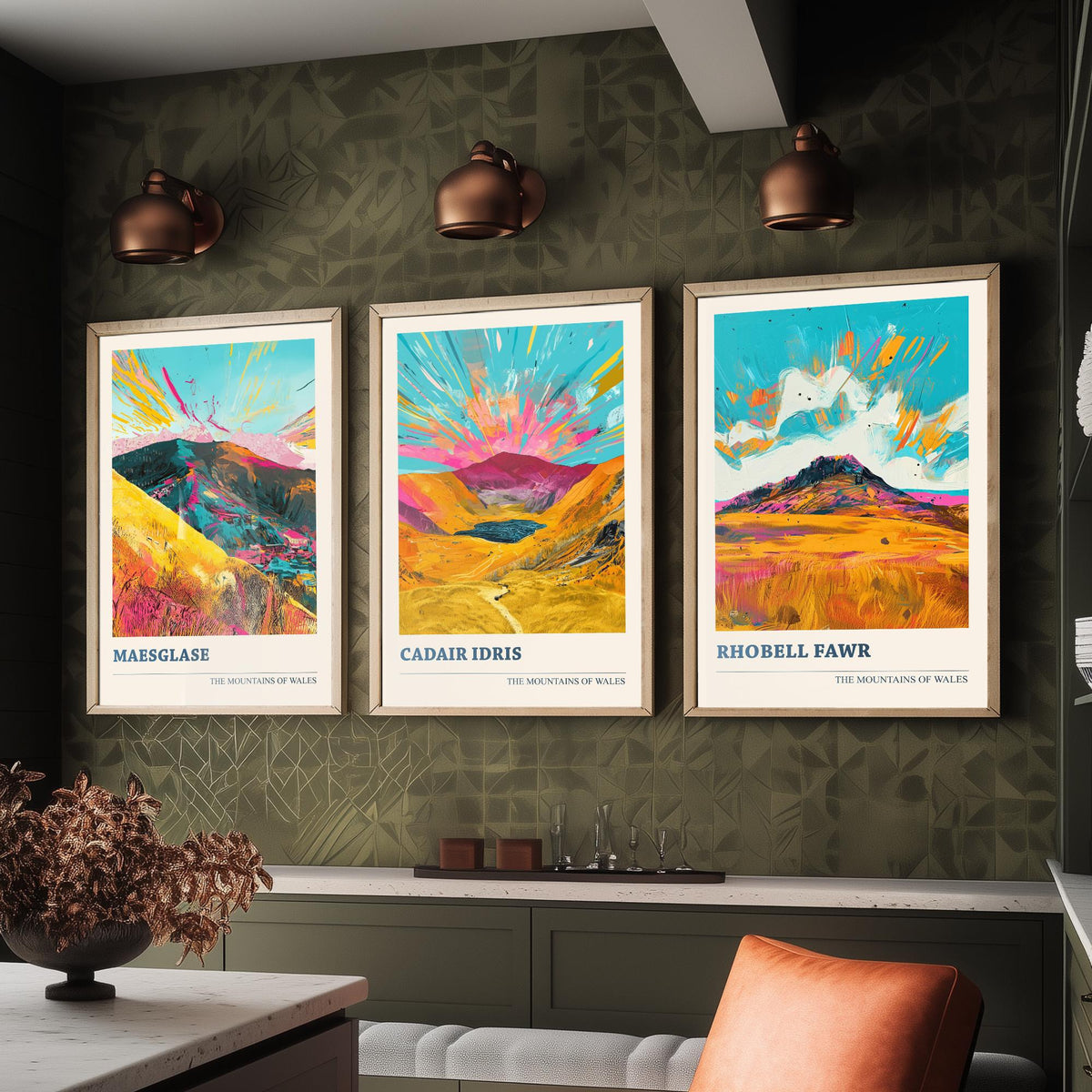 Set of Three Mountains of Wales Posters V2 - Maesglase, Cadair Idris, Rhobell Fawr - 3 Vibrant Welsh Peak Art Prints Painting Gift