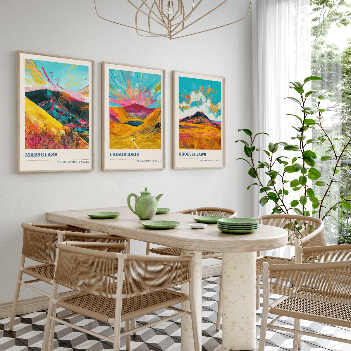 Set of Three Mountains of Wales Posters V2 - Maesglase, Cadair Idris, Rhobell Fawr - 3 Vibrant Welsh Peak Art Prints Painting Gift
