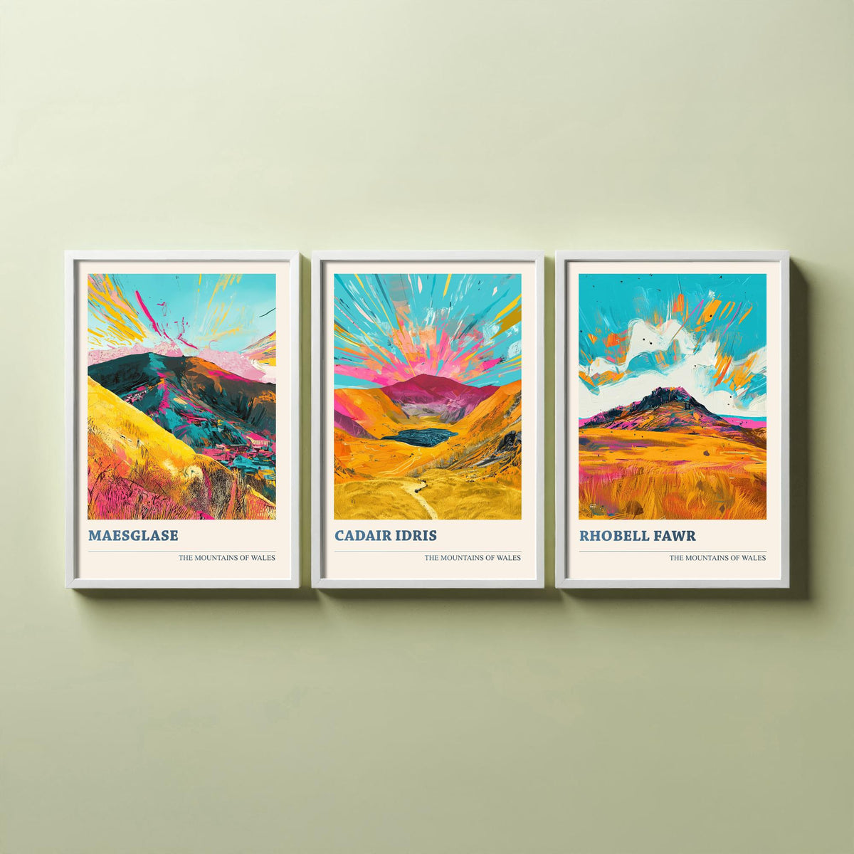 Set of Three Mountains of Wales Posters V2 - Maesglase, Cadair Idris, Rhobell Fawr - 3 Vibrant Welsh Peak Art Prints Painting Gift