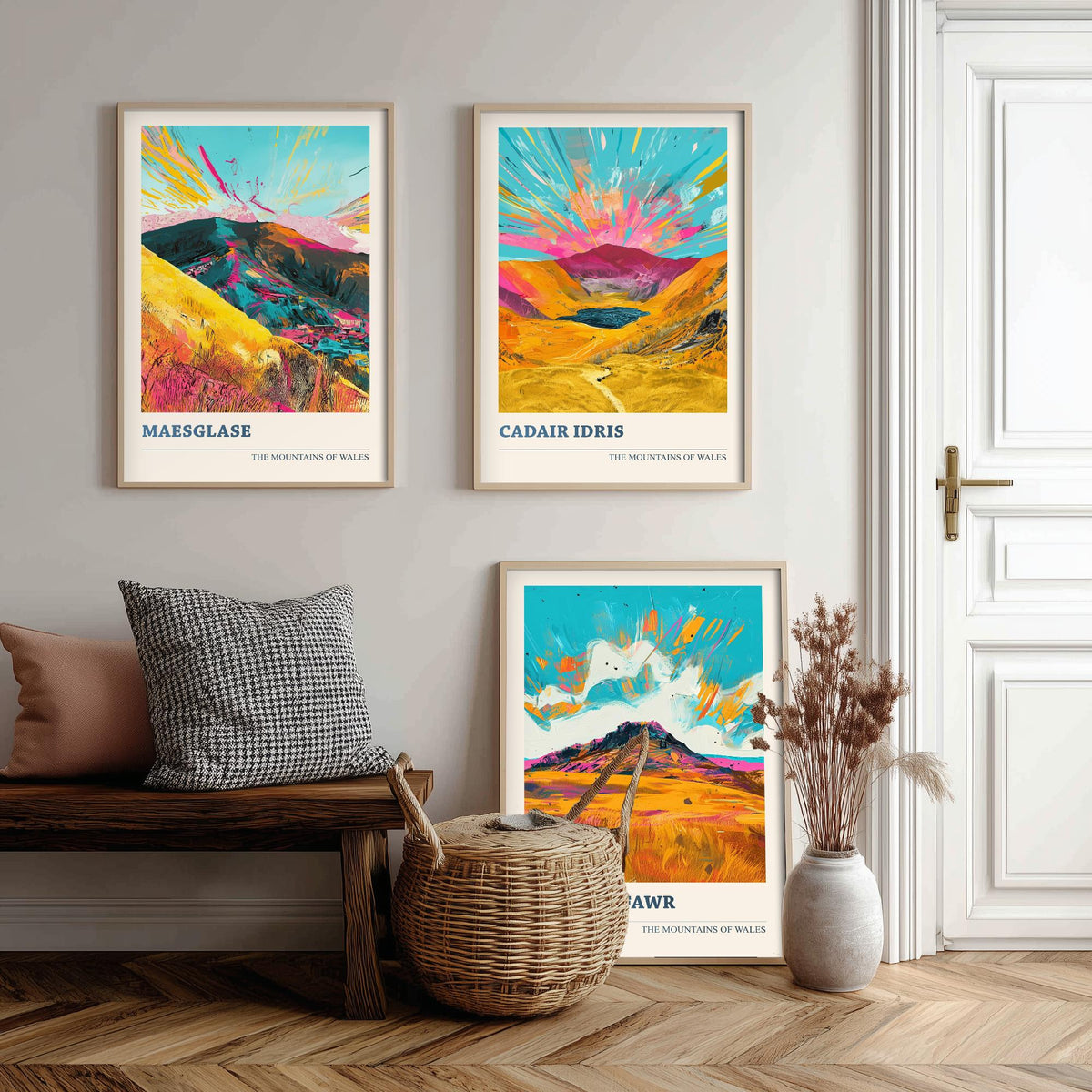 Set of Three Mountains of Wales Posters V2 - Maesglase, Cadair Idris, Rhobell Fawr - 3 Vibrant Welsh Peak Art Prints Painting Gift