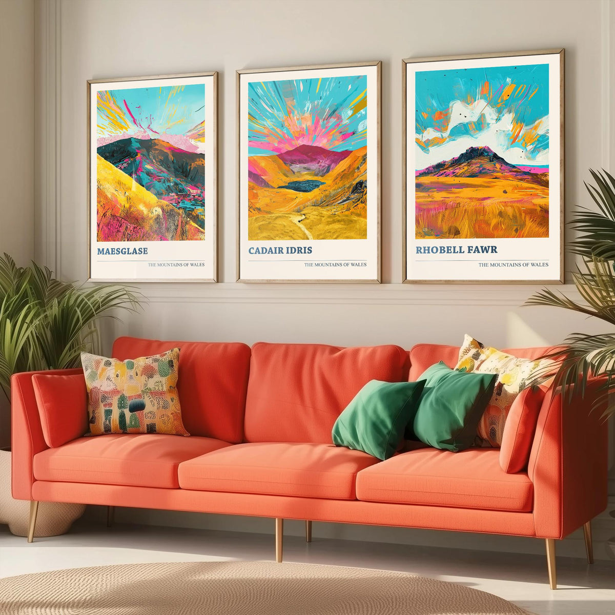Set of Three Mountains of Wales Posters V2 - Maesglase, Cadair Idris, Rhobell Fawr - 3 Vibrant Welsh Peak Art Prints Painting Gift