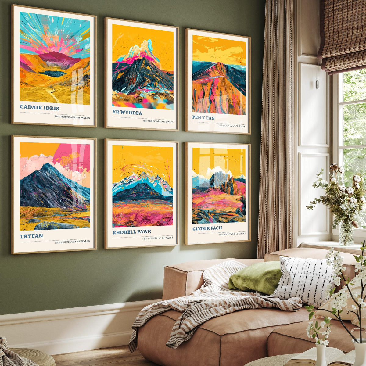 Set of Six Welsh Mountain Art Prints - 6 Bold Posters - Cadair Idris, Yr Wyddfa, Pen y Fan, Tryfan, Rhobell Fawr, Glyder Fach Painting