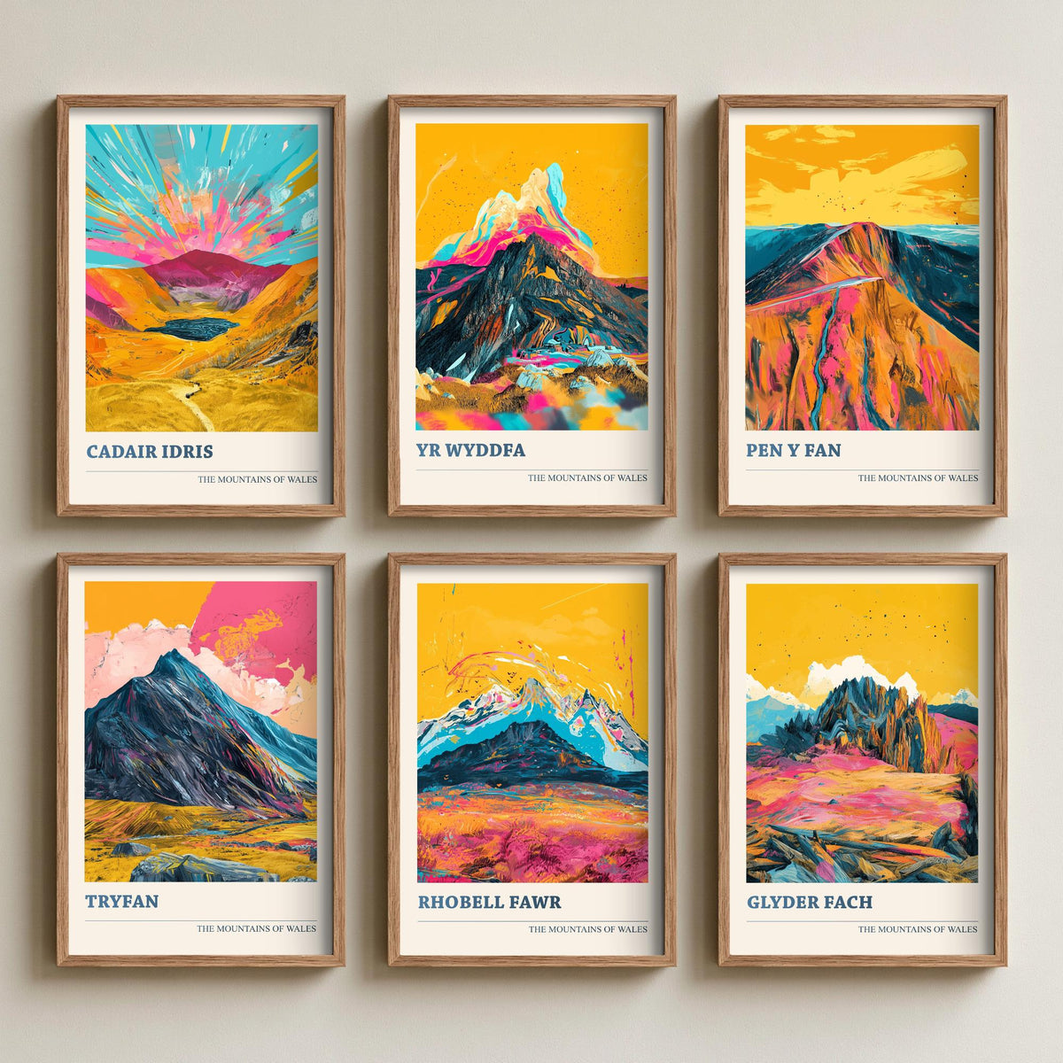 Set of Six Welsh Mountain Art Prints - 6 Bold Posters - Cadair Idris, Yr Wyddfa, Pen y Fan, Tryfan, Rhobell Fawr, Glyder Fach Painting